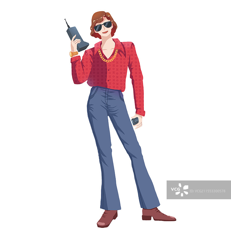 80年代复古大哥大传呼机卡通人物女人喇叭裤衬衫皮鞋PNG素材复古风插画元素图片素材