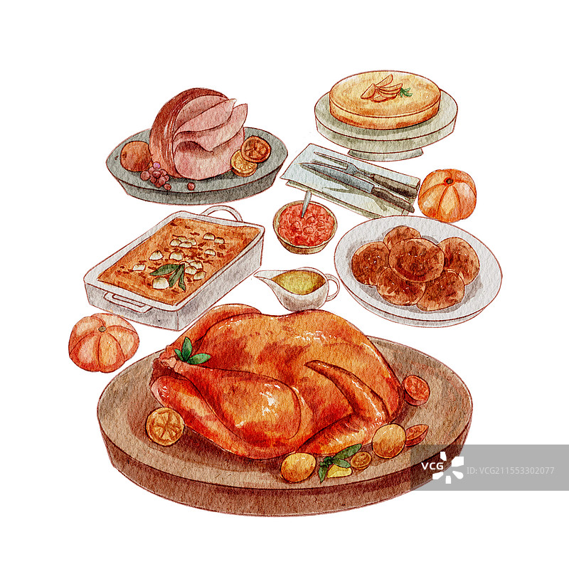 感恩节晚餐烤火鸡素材水彩PNG素材感恩节晚餐元素图片素材