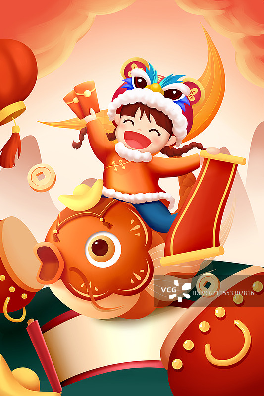 红色国潮虎年锦鲤女孩虎头帽庆贺新年招财进宝手绘立体插画3D效果虎年插画图片素材