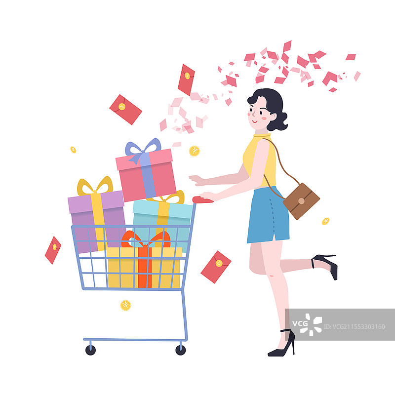 手绘卡通购物节购物车原创插画素材双十一电商购物图片素材