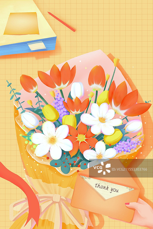感恩节感谢花束鲜花谢谢卡片花朵唯美温馨黄色贺卡信纸感恩节插画图片素材