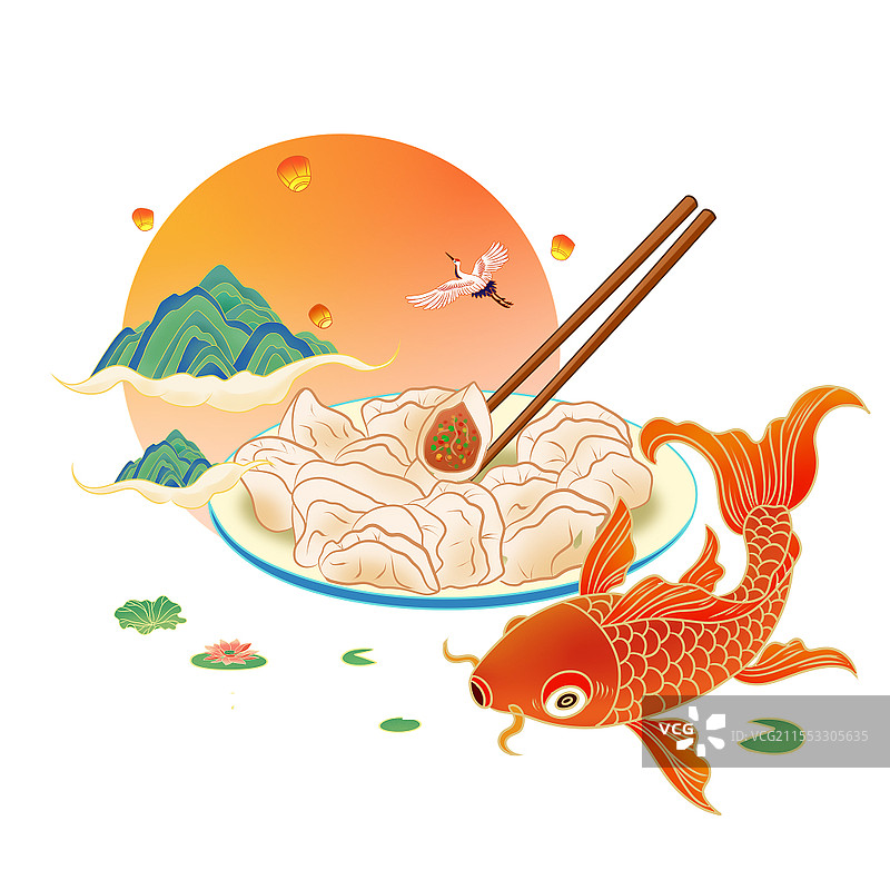 彩色卡通手绘古典中国国潮风冬至饺子锦鲤风景原创插画海报冬至元素图片素材