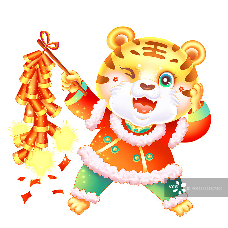 春节传统服饰卡通老虎新年放鞭炮虎年喜庆元素PNG素材卡通虎年喜庆元素图片素材