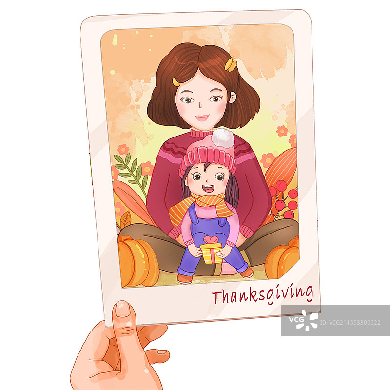 女儿送妈妈礼物感恩节人物元素手拿相框卡通画图片素材