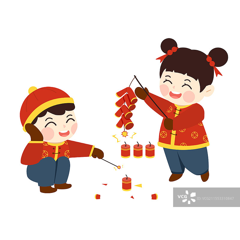 红色喜庆欢乐开心新年小朋友放鞭炮卡通新年元素图片素材