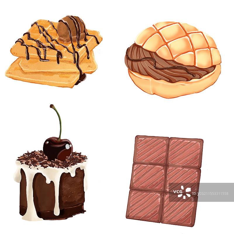 巧克力甜品系列卡通华夫饼菠萝包慕斯蛋糕巧克力块PNG素甜品元素图片素材