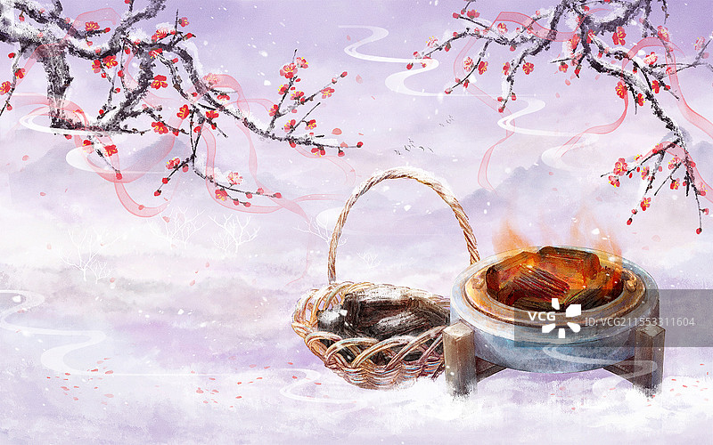 古风冬天背景冬至新年梅花火盆炭火篮子植物雪景山水风景水墨插画图片素材