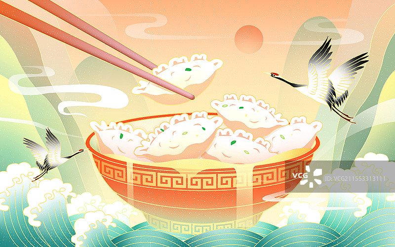 国潮古风饺子插画山水插画仙鹤鸟元素碗元素山水元素国潮饺子插画图片素材