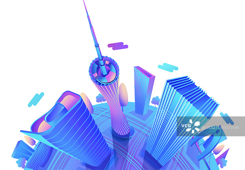 25D立体建筑城市元素广州小蛮腰希尔顿万达插画psd建筑城市背景图片素材