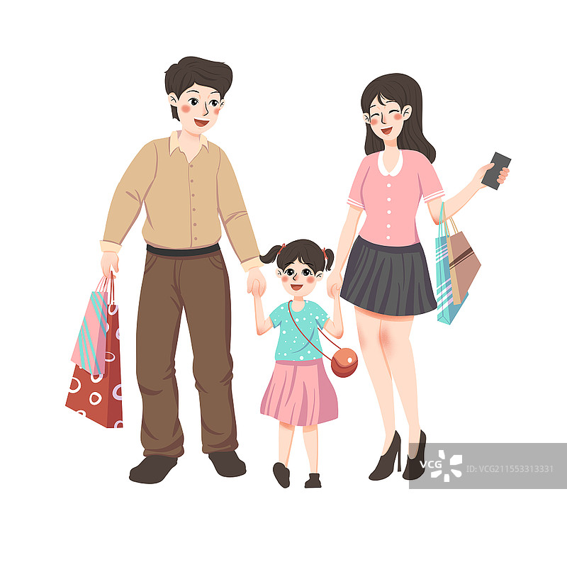 一家三口购物购物人物元素卡通人物PNG素材购物元素图片素材
