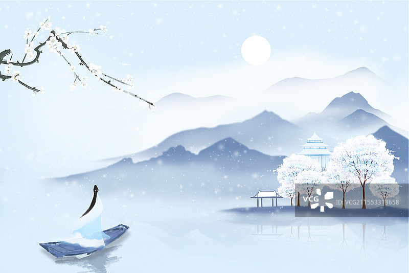 古风雪景山水画水墨画飘雪唯美氛围背景唯美冬天插画图片素材