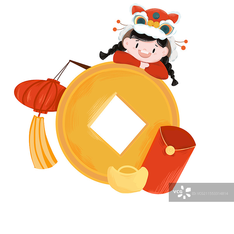 新年元宝元素虎头小女孩春节快乐新年快乐元素图片素材