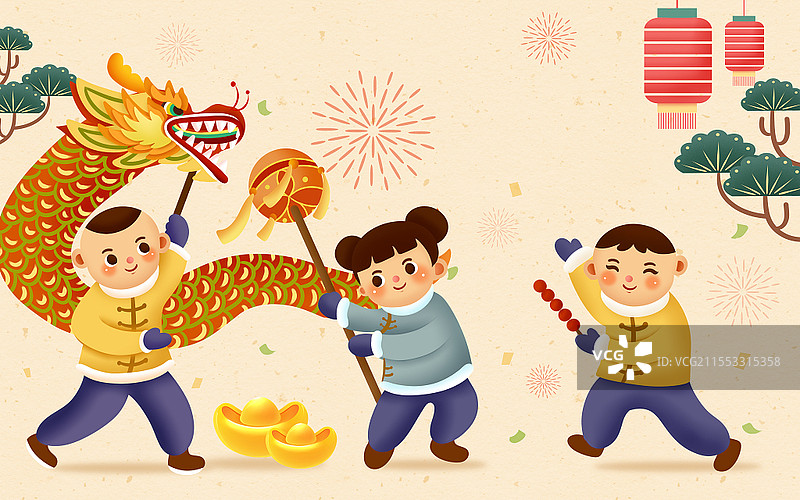 彩色卡通手绘立体中国风福娃舞龙春节原创插画海报春节快乐新年快乐插画图片素材