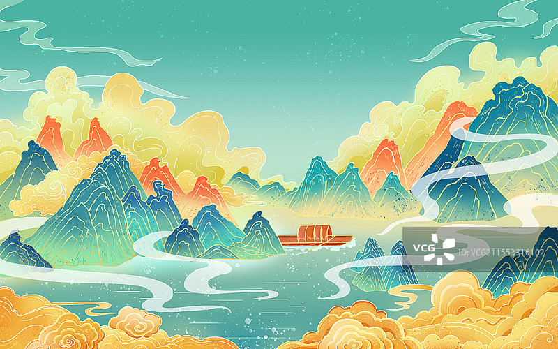 国潮新国风山水场景插画国潮风格结合山水场景背景PSD素材国潮插画图片素材
