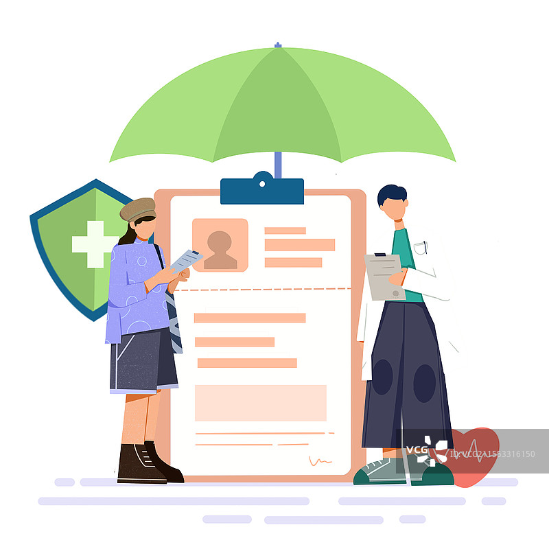 扁平风格结合医疗保险伞场景医疗元素医生人物伞保护盾医疗保险元素图片素材