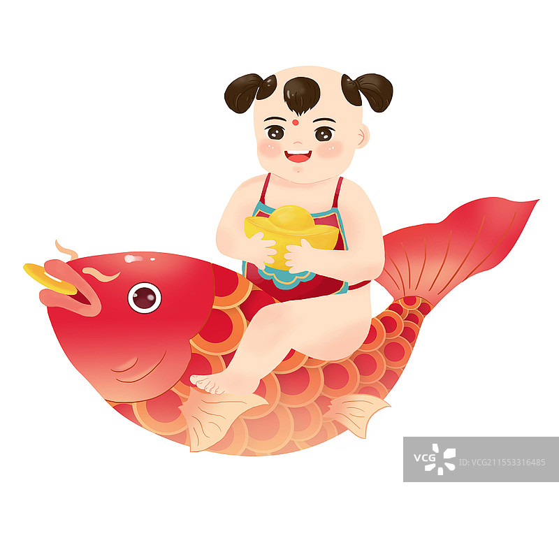 卡通小孩子拿着元宝年年有鱼png元素年年有余元素图片素材