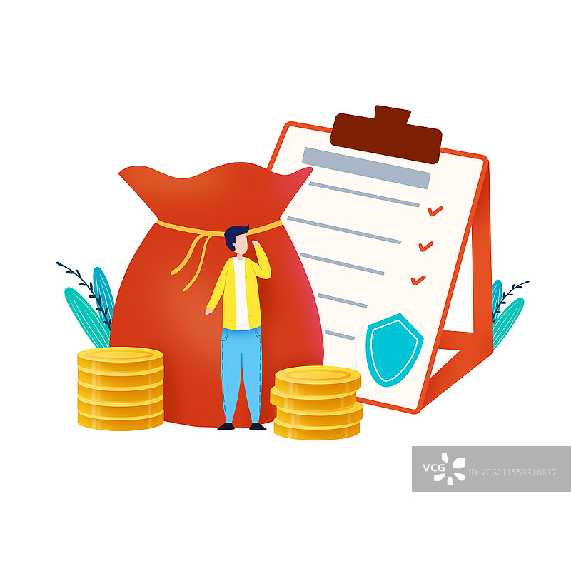 扁平风保险财产保障金币卡通人物PNG素材存款保险图片素材