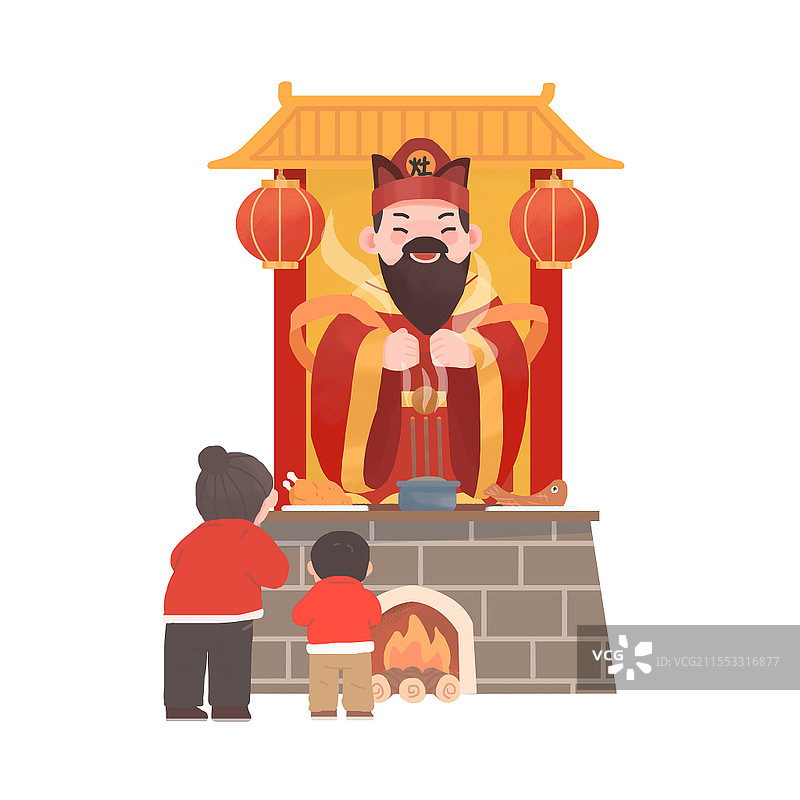 手绘卡通春节新年过年习俗腊月二十三祭灶神元素图片素材