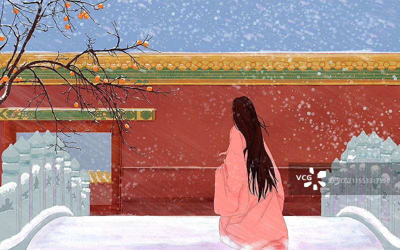 雪中的背影古代人物冬天背景古风插画类古代建筑古代建筑冬天背景图片素材