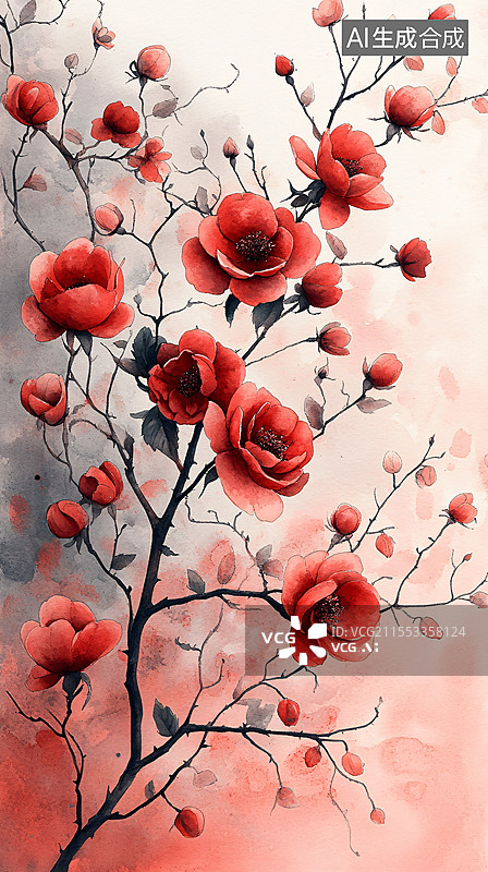 【AI数字艺术】红玫瑰水彩画图片素材