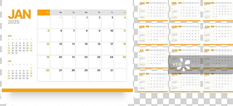 2025年日历，月份从星期天开始图片素材