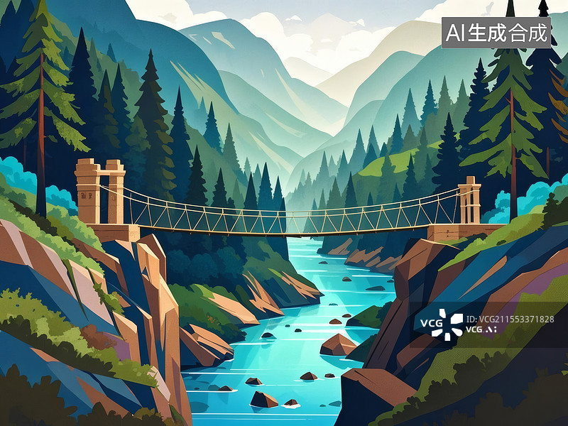 【AI数字艺术】山间悬索桥风景图片素材