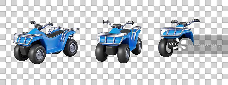 蓝色逼真的四轮摩托车在不同位置的展示图片素材