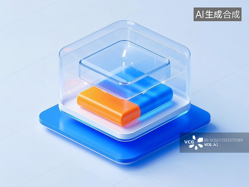 【AI数字艺术】透明立方体中的蓝色和橙色物体图片素材