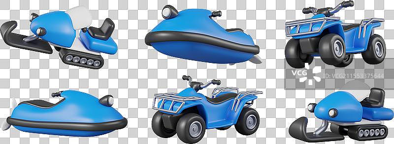 不同姿势的3D雪地摩托、喷气滑雪板和全地形车图片素材