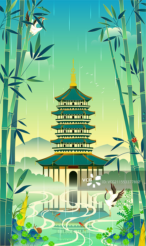 杭州雷峰塔雨天谷雨清明国潮矢量插画图片素材