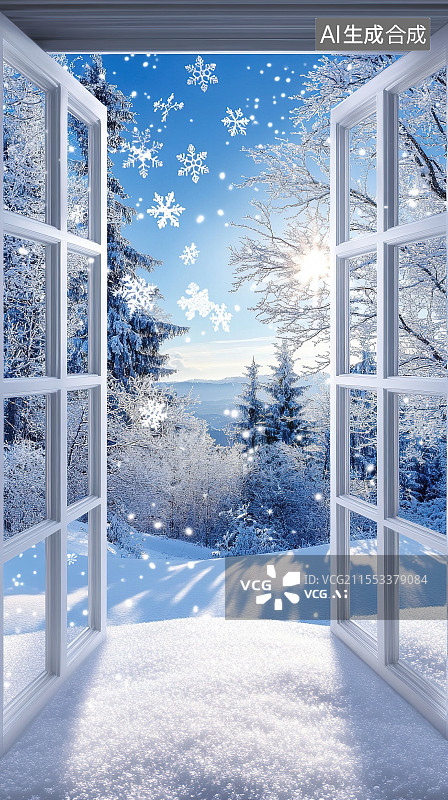 【AI数字艺术】二十四节气系列插画之小寒时节窗外雪花飞舞美丽的雪景图片素材