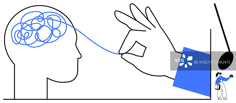 手从混乱的大脑中拉出缠绕的线头图片素材