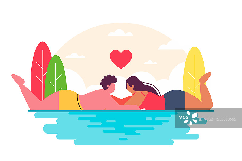 夏季假期中相爱的情侣们在水中游泳图片素材