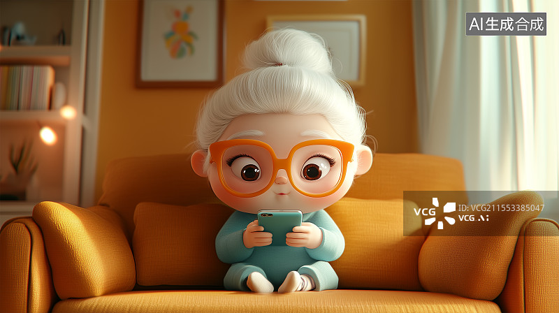 【AI数字艺术】一个白发老太太使用手机图片素材