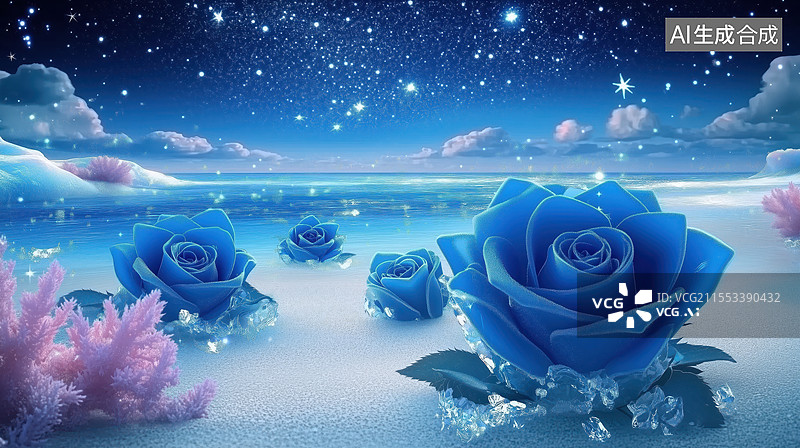 【AI数字艺术】蓝色玫瑰星夜海滩图片素材