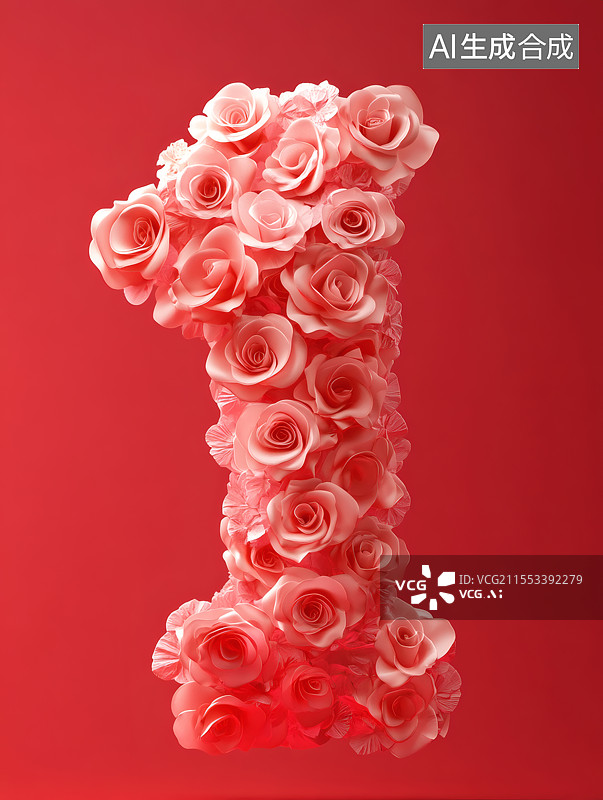 【AI数字艺术】玫瑰簇拥的数字1 浪漫独一份图片素材
