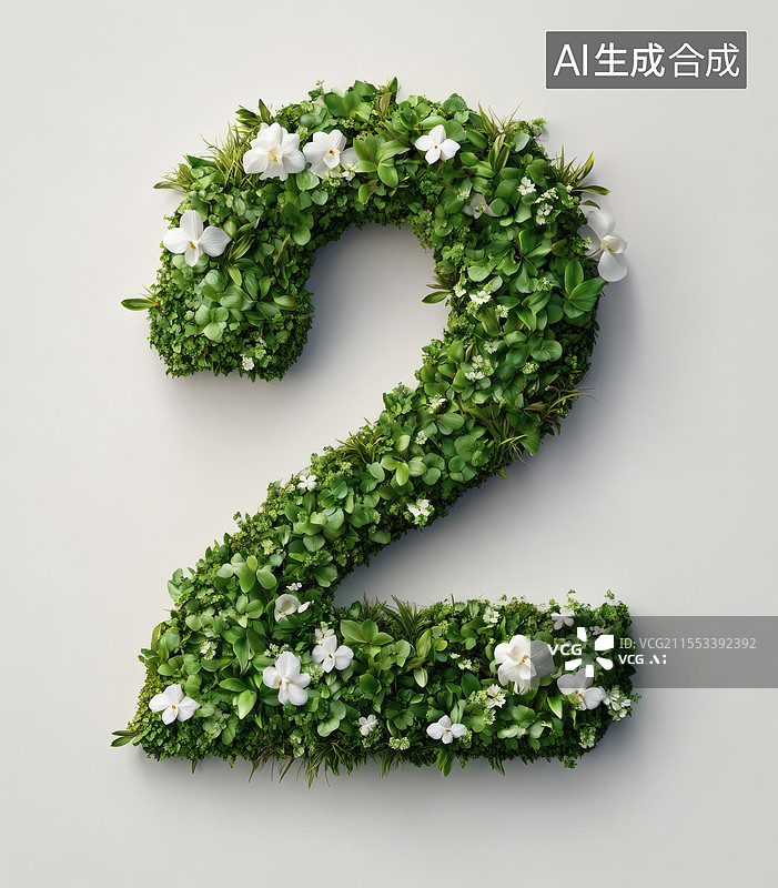 【AI数字艺术】绿植白花勾勒的数字2图片素材