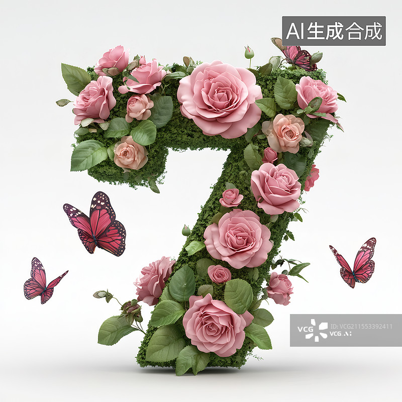 【AI数字艺术】玫瑰蝴蝶装点的数字7图片素材