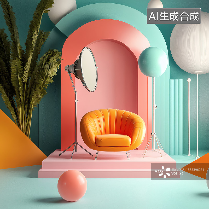 【AI数字艺术】红墙下的舞台聚光灯闪耀图片素材