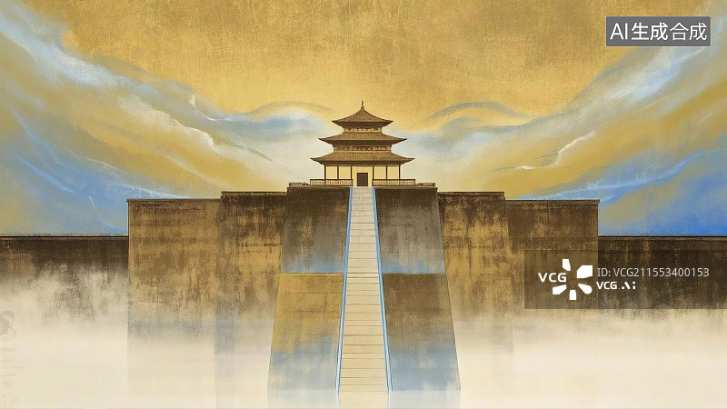 【AI数字艺术】古典风格楼阁与云雾背景图图片素材