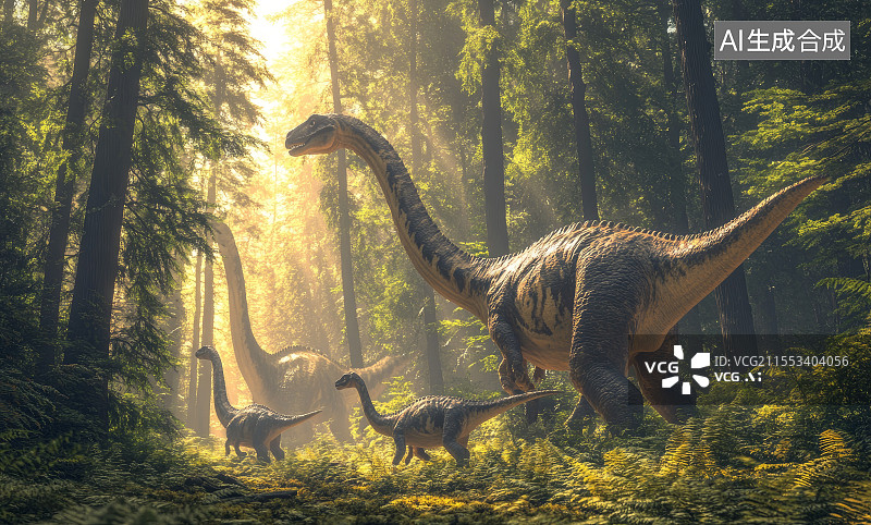 【AI数字艺术】森林中恐龙群活动场景图片素材