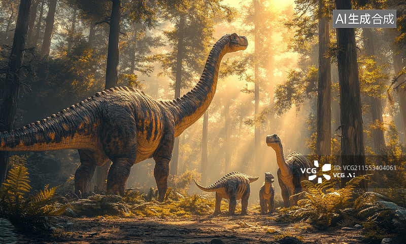 【AI数字艺术】森林中恐龙群活动场景图片素材