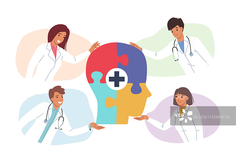 一组神经科学家正在研究大脑。图片素材