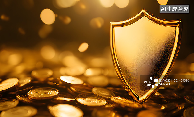 【AI数字艺术】硬币堆中的金色护盾，金融安全理财财富风险评估投资交易市场概念图图片素材