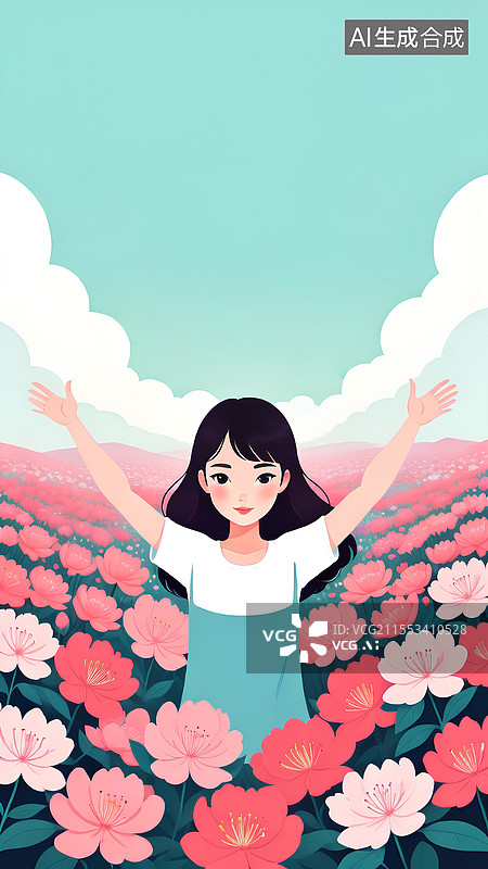 【AI数字艺术】唯美人物插画 在花海展开手臂的女孩图片素材