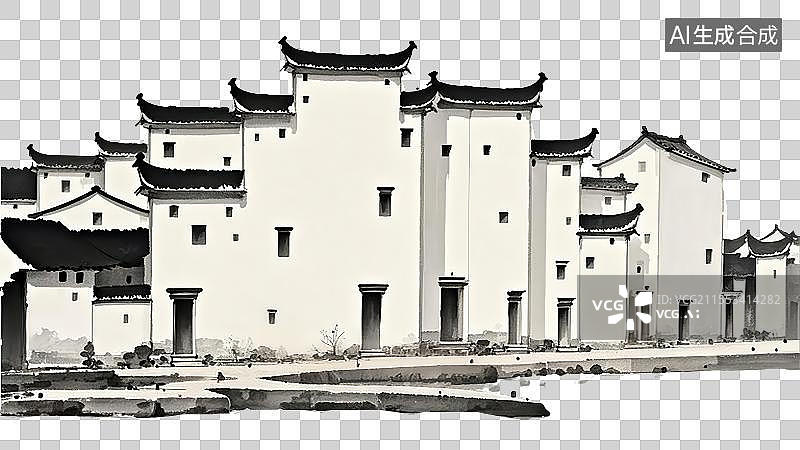 【AI数字艺术】江南古风新中式徽派建筑插画图片素材