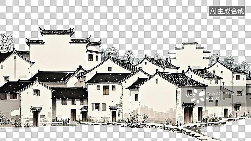 【AI数字艺术】江南古风新中式徽派建筑插画图片素材