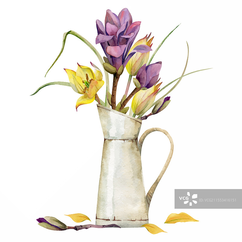 春天的花朵：黄色郁金香和淡紫色木兰花图片素材