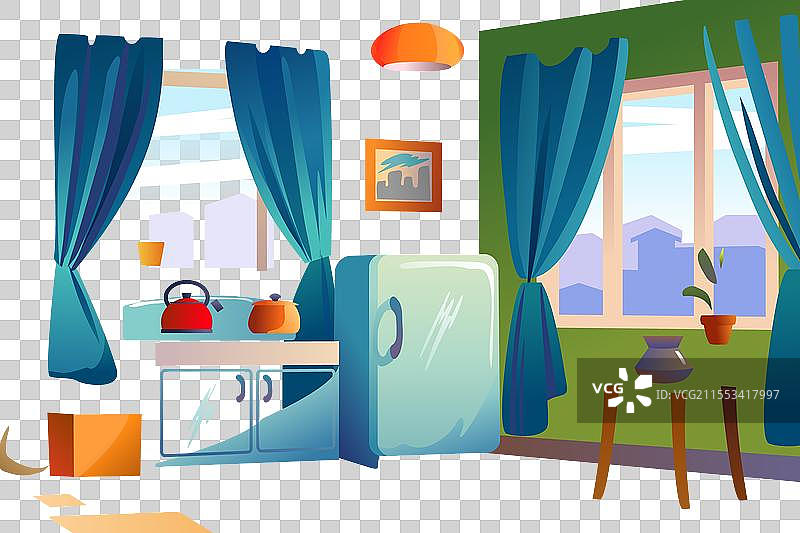 厨房，一个有冰箱和餐具的房间图片素材