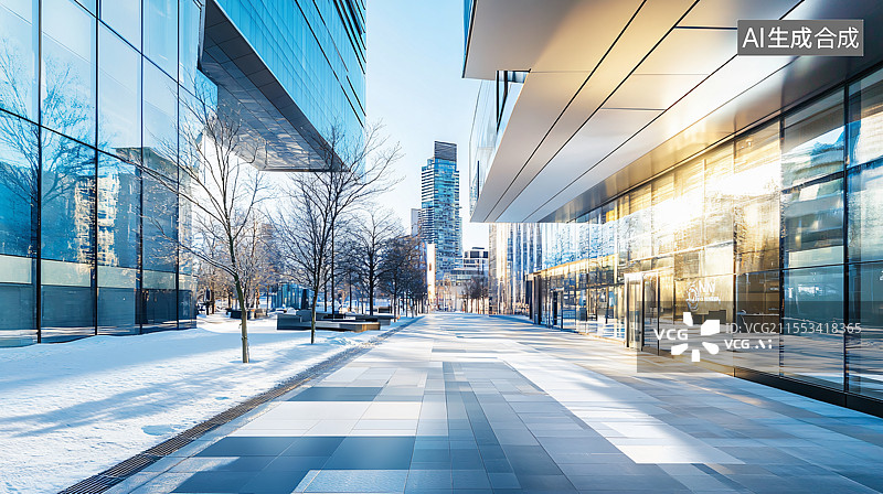 【AI数字艺术】冬季的商业街区，地面和路面展现出空无一人的宁静景象。这幅画面突出了季节的宁静，为汽车广告提供了完美的图片素材